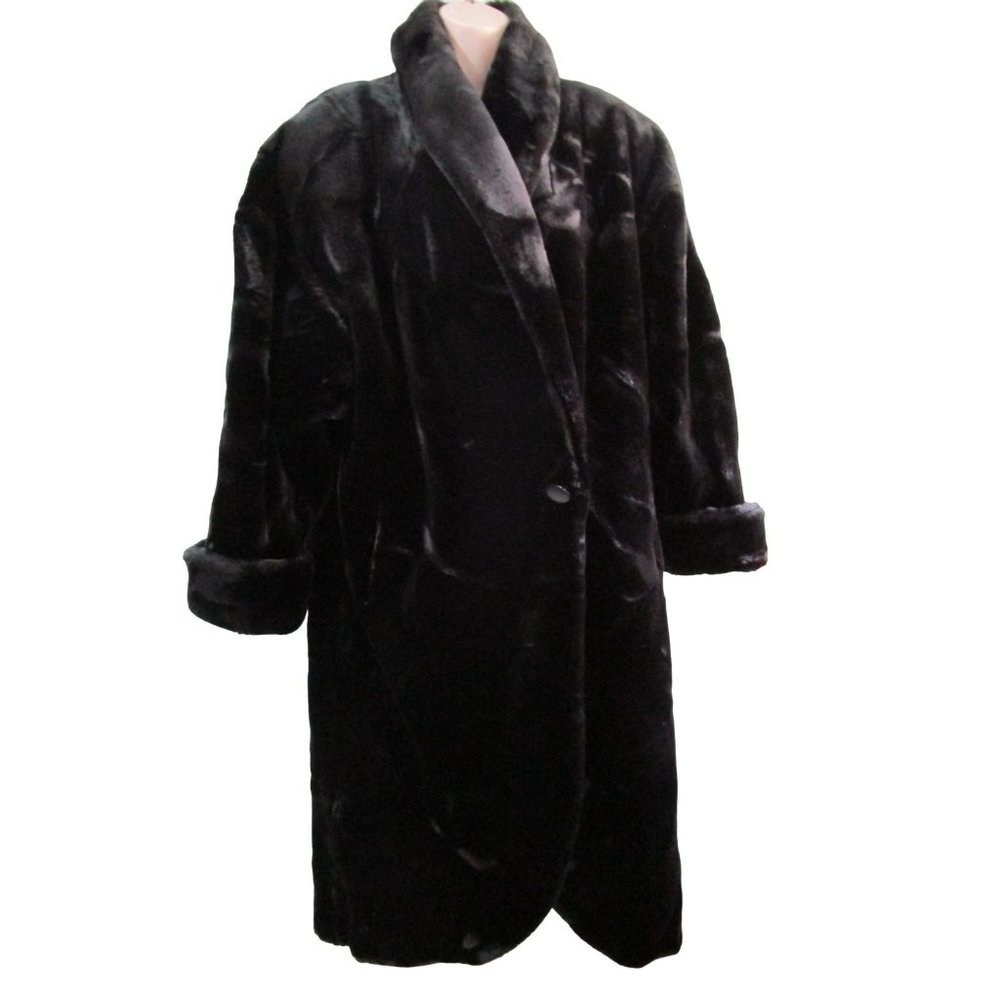 Donnybrook Faux Black Mink Coat Single Button Fully Lined Vintage Large EUC